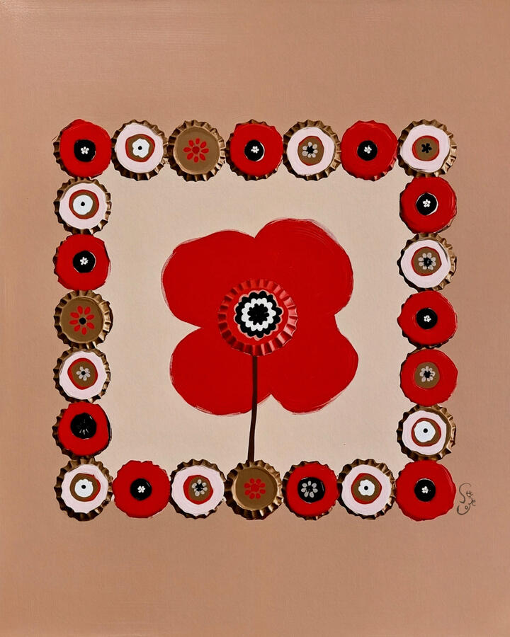 Artistic depiction of a red poppy flower surrounded by playful bottle cap patterns on a cream and beige background.
