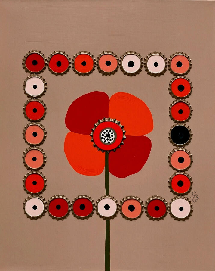 Artistic depiction of a red poppy flower surrounded by playful bottle cap patterns on a beige background.