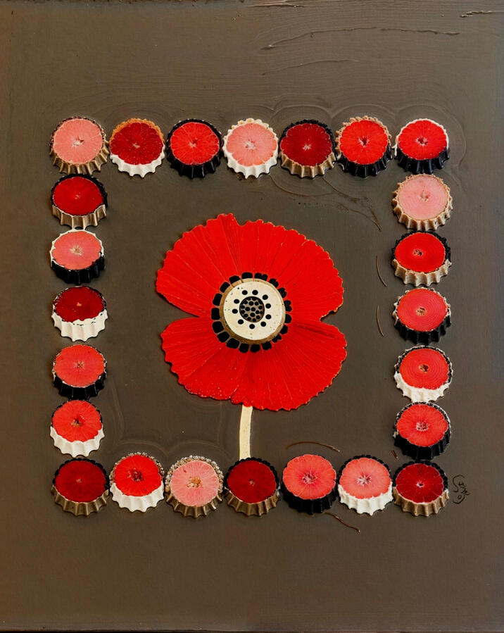 Artistic depiction of a red poppy flower surrounded by playful bottle cap patterns on a bronzy background.