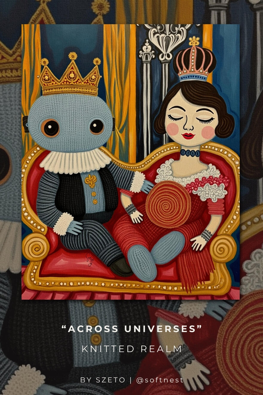 Knitted-style artwork of a crowned blue robot and a queen seated together on a red royal sofa, surrounded by rich gold, navy and crimson details. Text ‘by szeto @softnest' at the bottom.