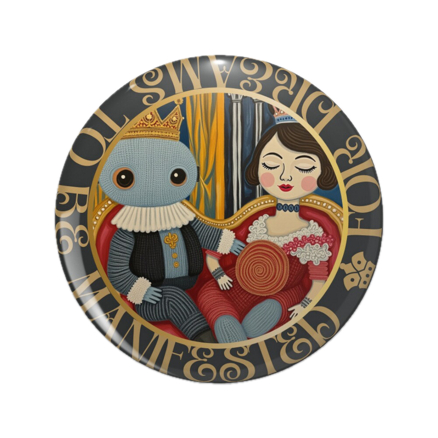 Art collector’s pinback button featuring the crowned robot and queen from Across Universes, with ornate gold lettering on a dark border.