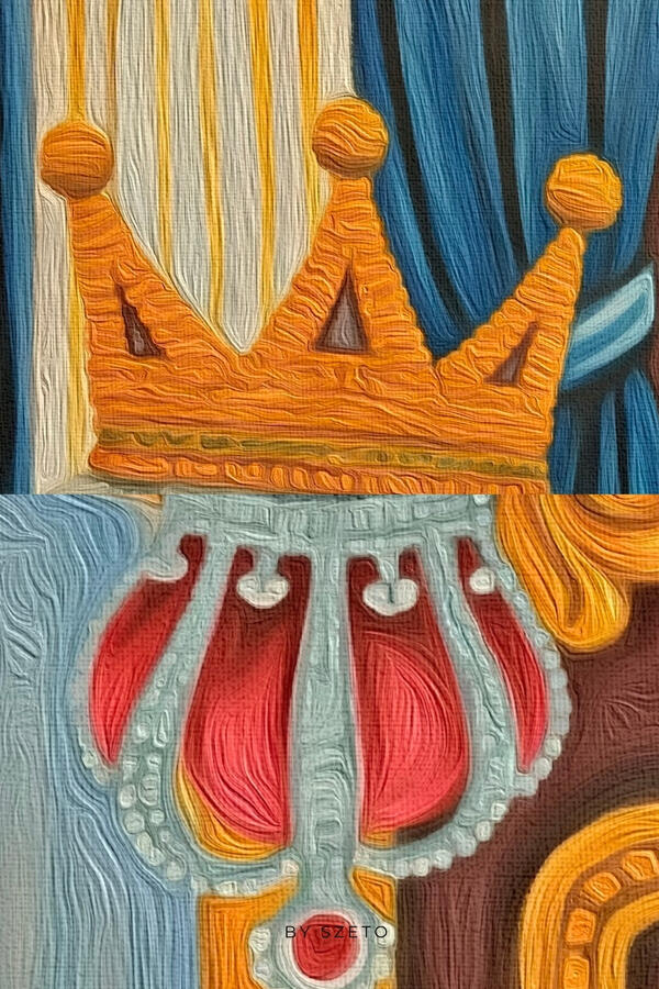 Macro shot of a textured impasto painting of two crowns.
