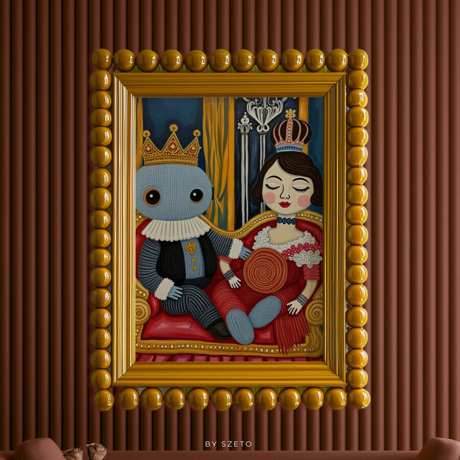 Across Universes artwork displayed inside an ornate gold and amber beaded frame against a deep brown ribbed wall.