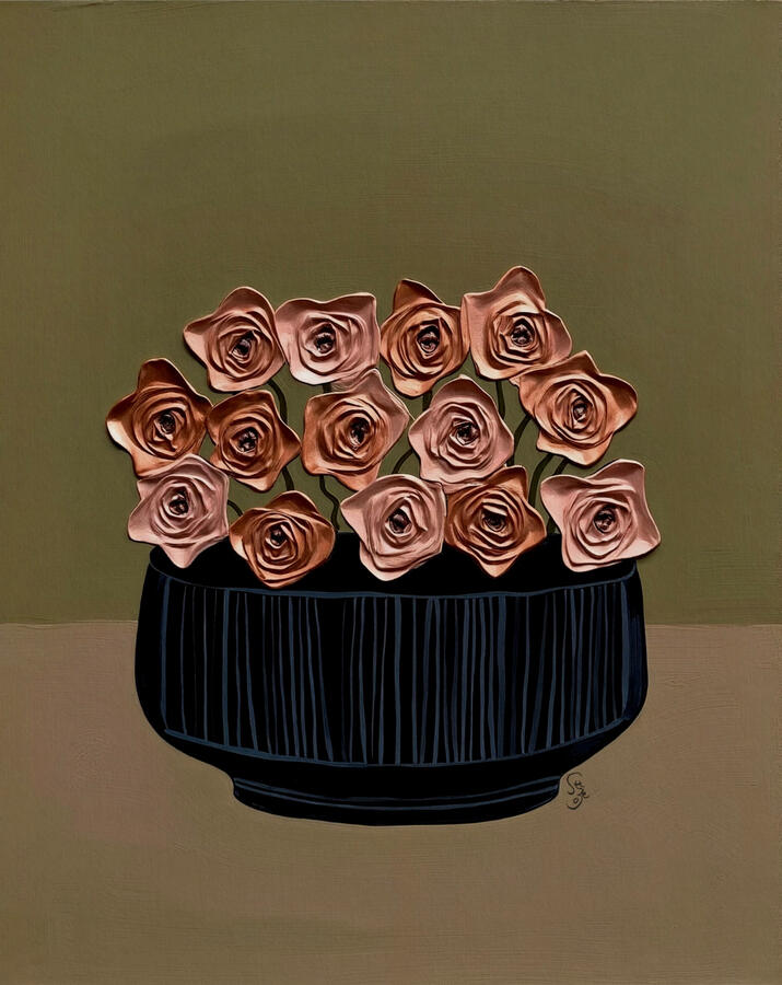 Decorative poster with a black shallow striped pot filled with textured metallic bronze rose flowers on an olive green background.
