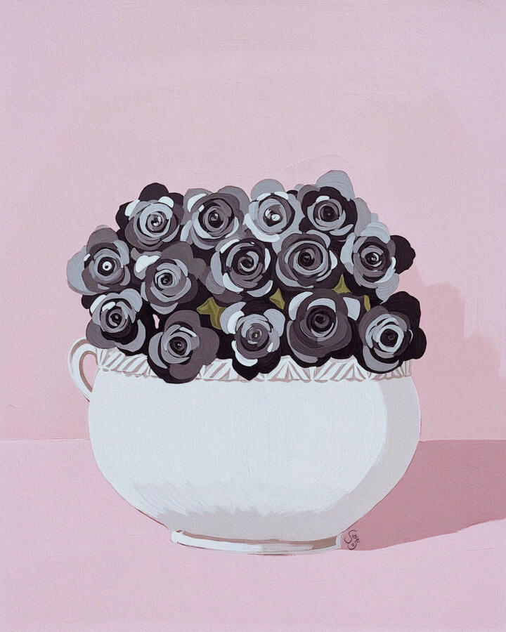 Decorative poster with a white teacup filled with black and gray flowers on a pink background. A minimalist but heavily textured painting of a white porcelain bowl filled with deep grey and charcoal velvet roses. The background is a soft, solid pastel pink