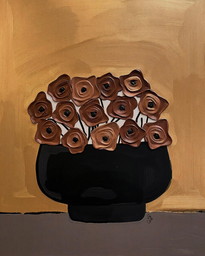 Decorative poster with a black shallow pot filled with textured metallic bronze rose flowers on a matt gold background.