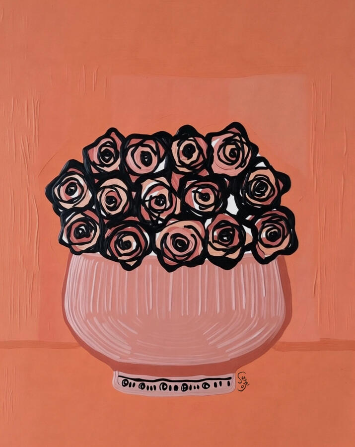 An art poster featuring a dense cluster of black roses painted with thick, expressive brushstrokes on a dusty peach background. Hover Text “Medusa’s Rage”.