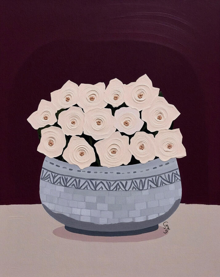 Decorative poster with a light grey mosaic shallow pot filled with textured cream rose flowers on a deep berry background and dove grey table.