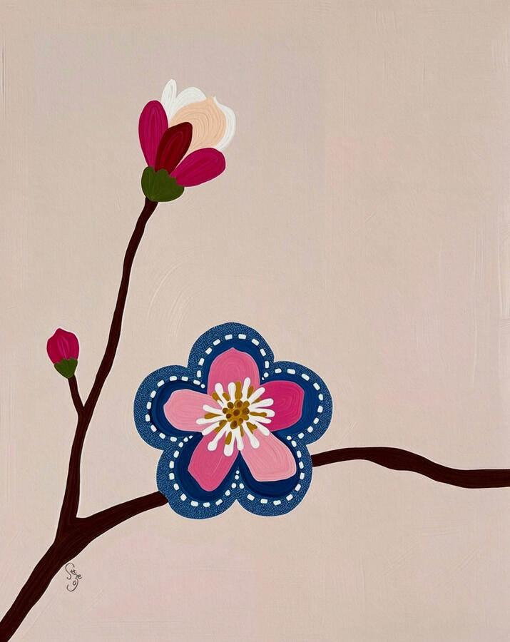 Stitched denim border plum blossom oriental style Floral design with artist szeto’s small signature next to the branch.