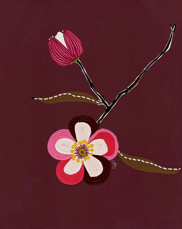 Stitched and dotted border stylised abstract plum blossom zen vibe Floral design. Burgundy background with artist szeto’s small signature next to the branch.