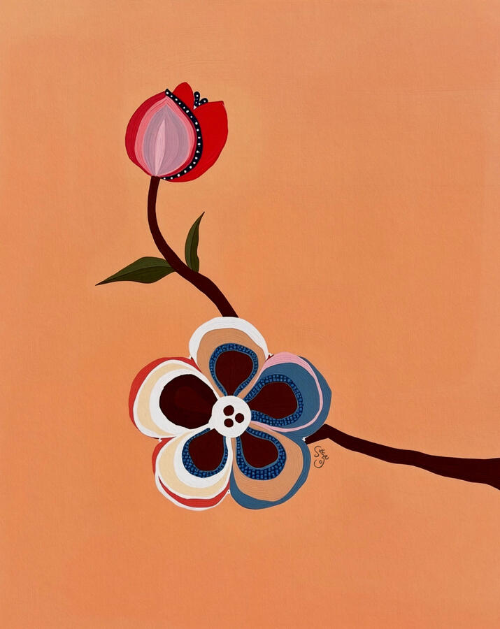 Stitched and dotted border stylised abstract plum blossom zen vibe Floral design. Light orange background with artist szeto’s small signature next to the branch.