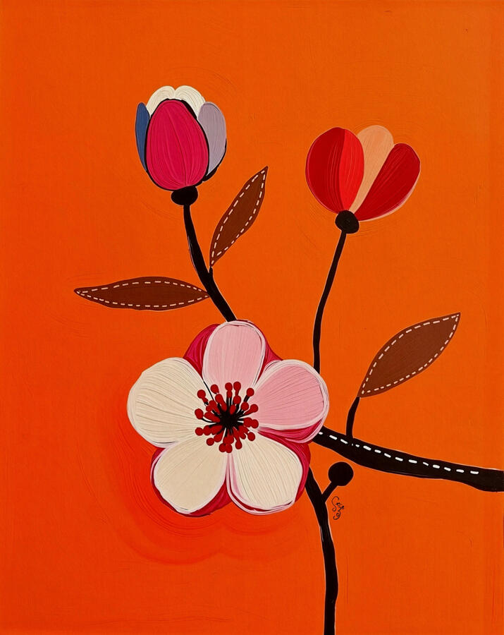 Oriental style Floral design with pink and white flowers on a bright orange background. signature of artist szeto at the side of stem.