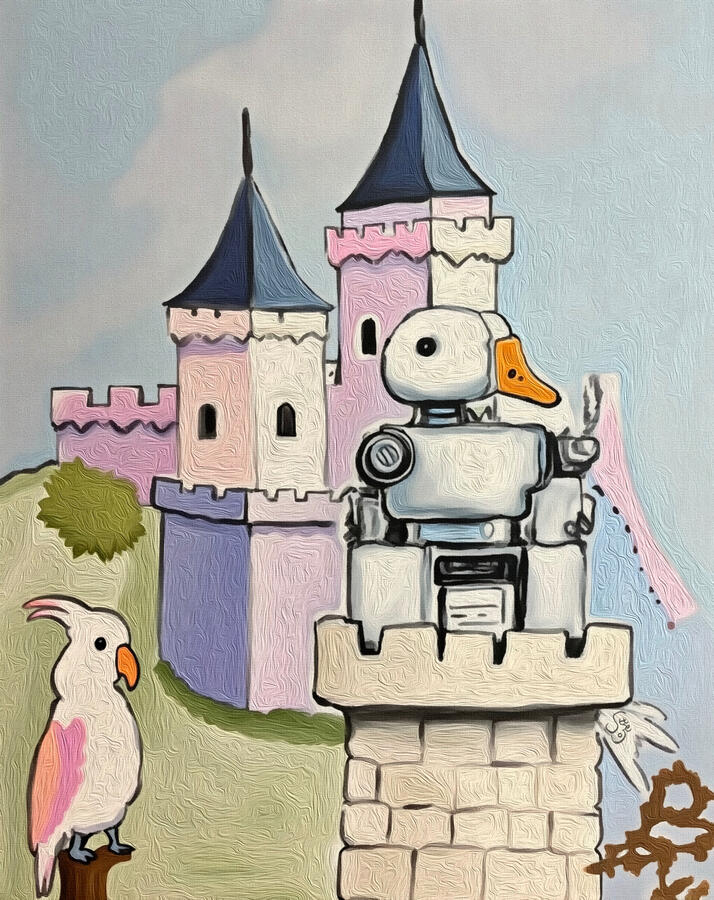 This main cover for Shy shows a duck-like figure standing before a pastel castle, while a small white bird watches from nearby, both held inside a soft, suspended stillness. With its muted palette and quiet emotional pull, the image captures the first near