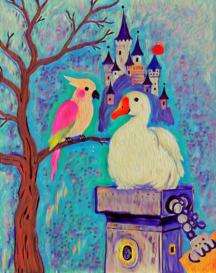This main cover for Sync places the pink parrot and white duck together before a luminous castle scene, no longer separated by fear or trial but held inside the same vivid atmosphere. Rich in color and feeling, it captures the chapter’s true arrival: not j