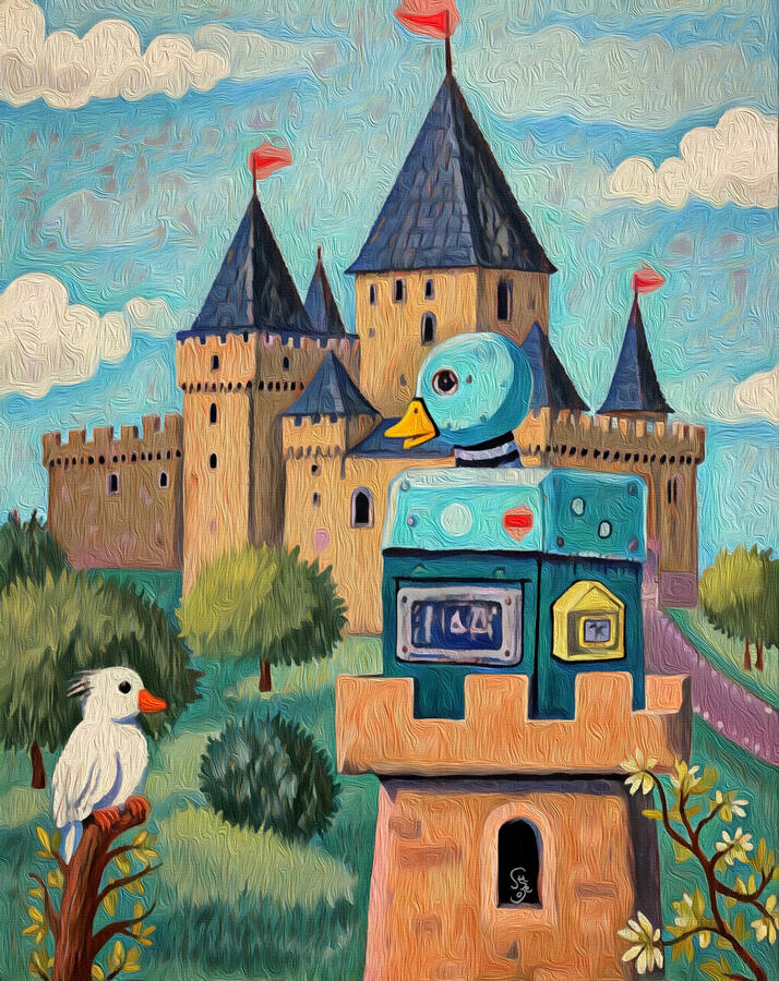 This main cover image for Encounter shows the first visible moment inside Duck Parent Castle: a duck-like figure before a grand castle, while a small white bird watches quietly from a branch below. Dreamy, still, and gently charged with possibility, it cap