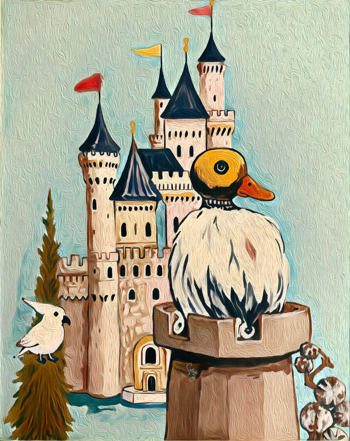 This main cover for Denial places the duck-like figure with its back partly turned while the small white bird remains nearby before the castle scene. The composition is distant yet connected, capturing the chapter’s emotional tension: a retreat in posture,