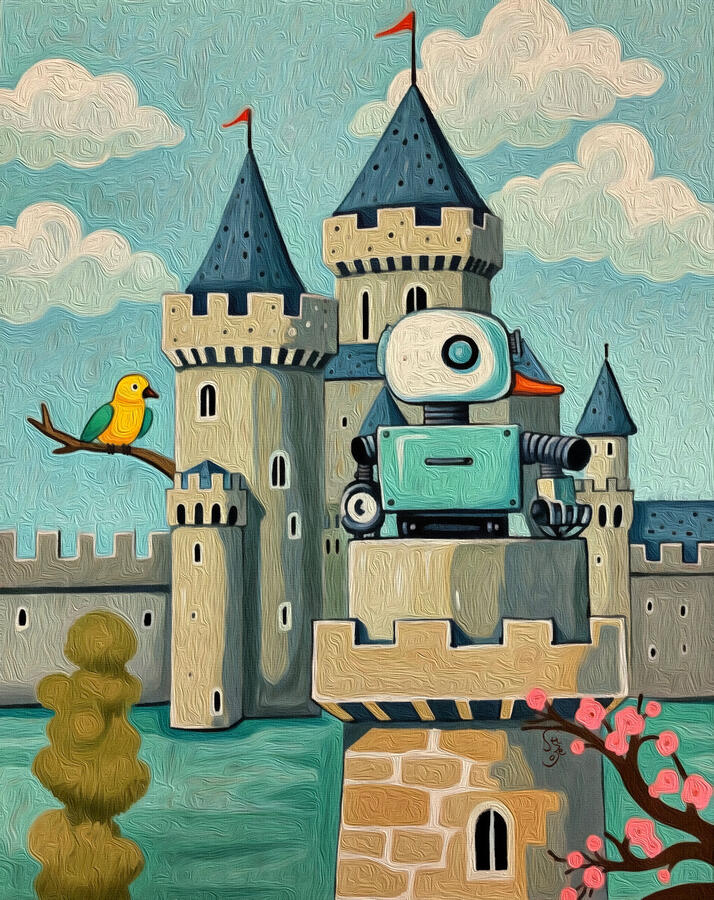 A square illustration showing a duck-like robot in front of castle towers while a small yellow bird perches on a branch nearby. Chapter Five of Duck Parent Castle moves into the deeper trial of the heart. Test is a chapter of watching, questioning, and the
