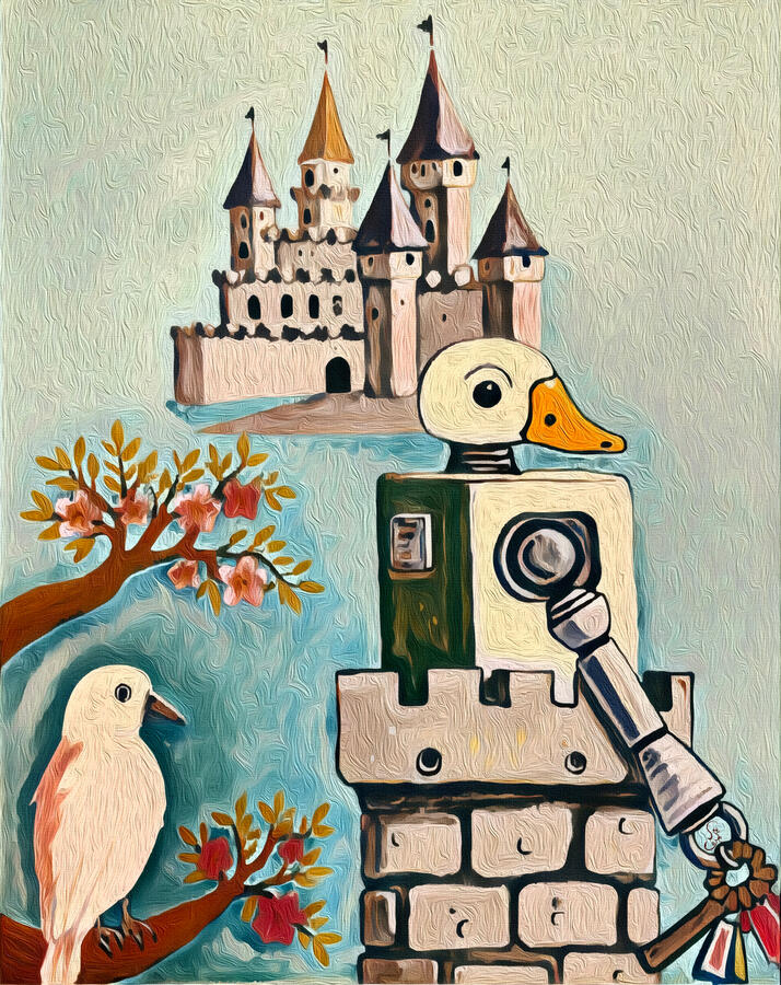 A painting of a duck standing on a castle structure with a parrot nearby, surrounded by soft blooming branches. Something gentle has returned - not as before, but as something new. The castle stands brighter, the air moves again. Between the duck and parr