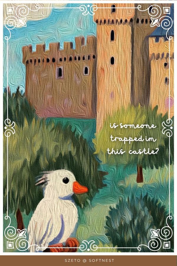 Tactile Illustration of a white parrot bird near a castle with text 'Is someone trapped in this castle?’ Text ‘by szeto @softnest’ at the bottom.