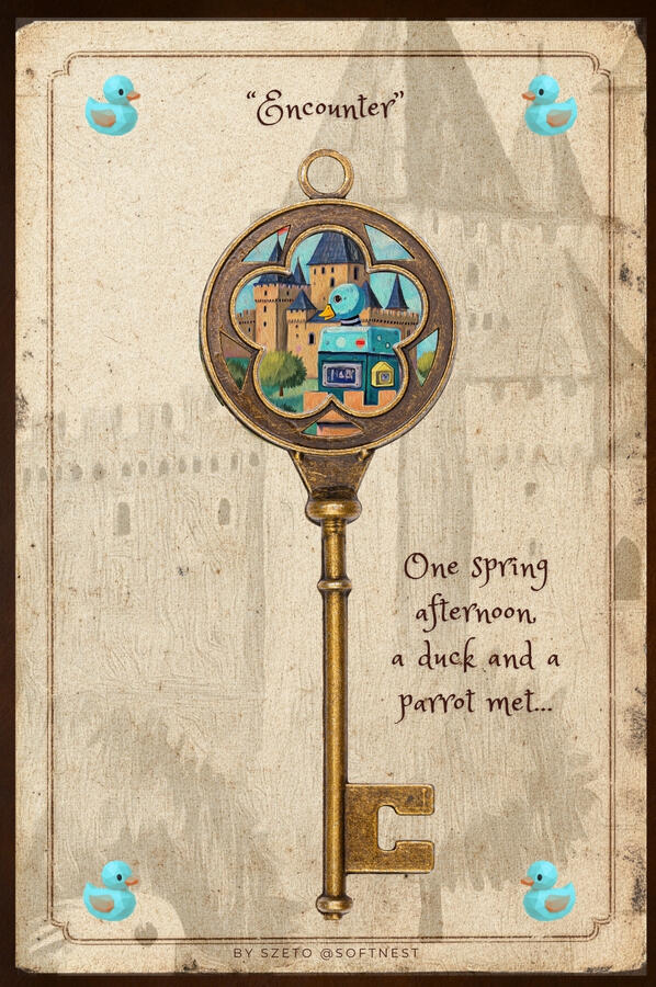 A vintage-style illustrated card showing a large antique golden key with a duck-like robot figure and castle scene inside its circular top. The word “Encounter” appears above, with a storybook phrase about a duck and a parrot meeting. Text ‘by szeto @soft