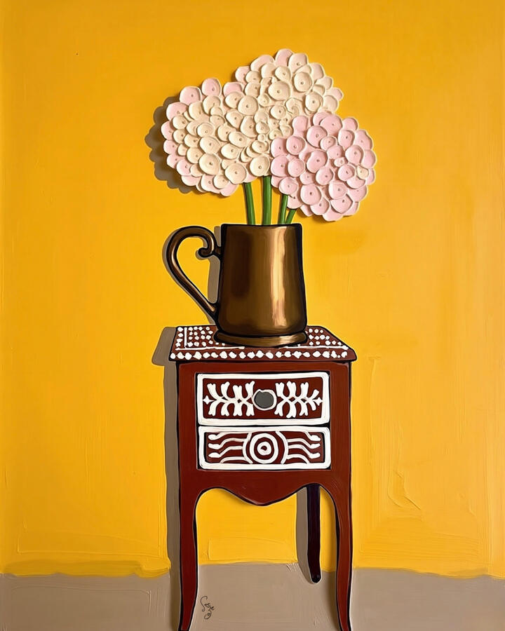 Soft pink flowers in a bronze jar sitting atop a white patterned red brown inlaid cabinet. Bright yellow background.