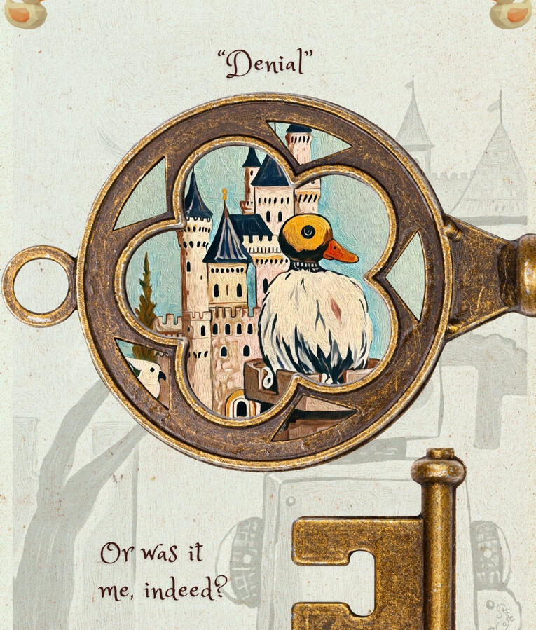 details view of a painting of a duck-like robot and a white parrot before a medieval castle, embedded into an ornate vintage key. Hover text “Collect the vibe on Spotify”.