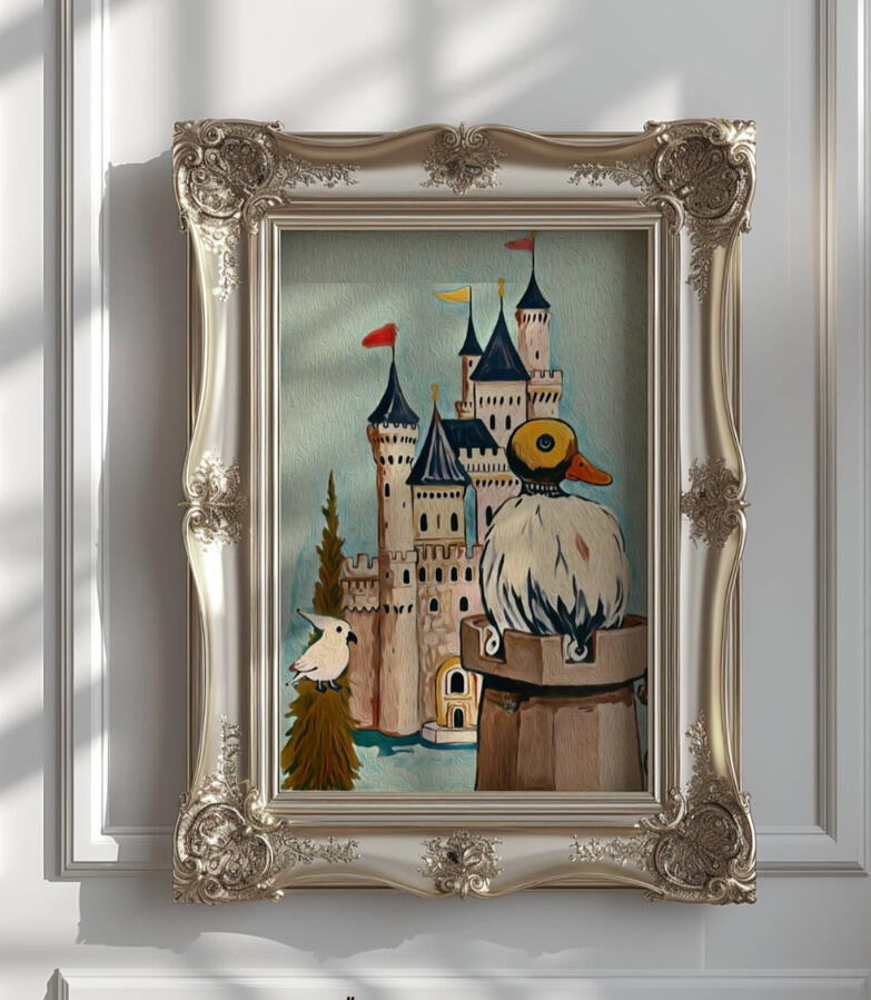 A matt champagne gold vintage picture frame on white wall, containing an illustration of A vintage-style illustrated card titled “Denial,” showing a duck-like robot and a pink parrot before a medieval castle. The duck is holding a set of keys in his hand.