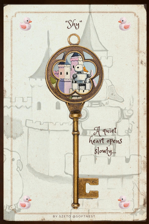 A vintage-style illustrated card titled “Shy,” showing a large antique golden key with a pastel castle scene and a duck-like robot figure inside. The text reads, “Some doors open softly....”