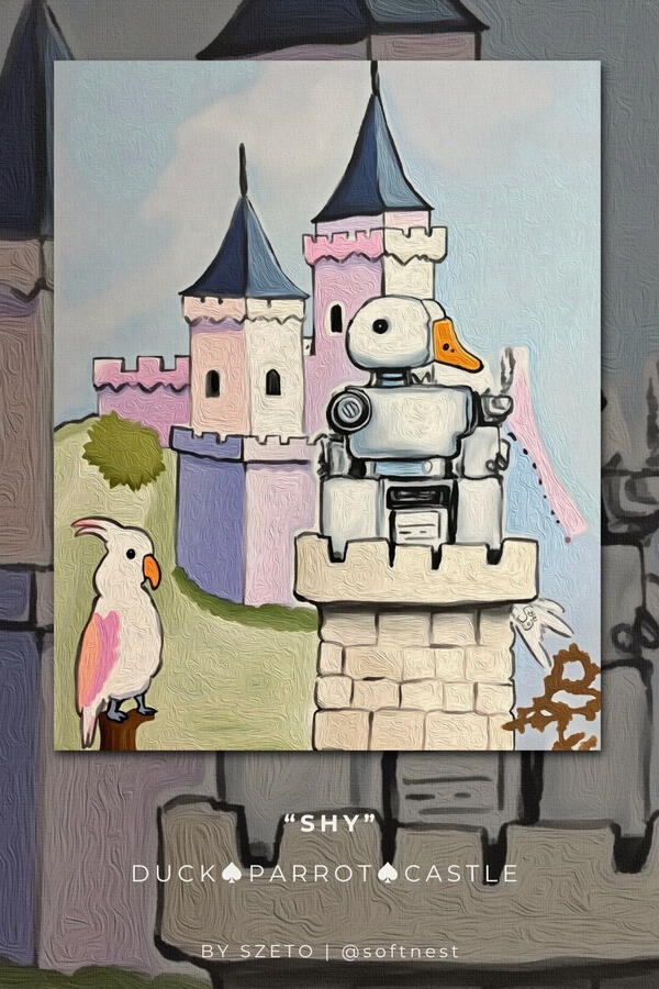 Illustration of a robot duck with a parrot on a castle wall, labeled 'SHY'.