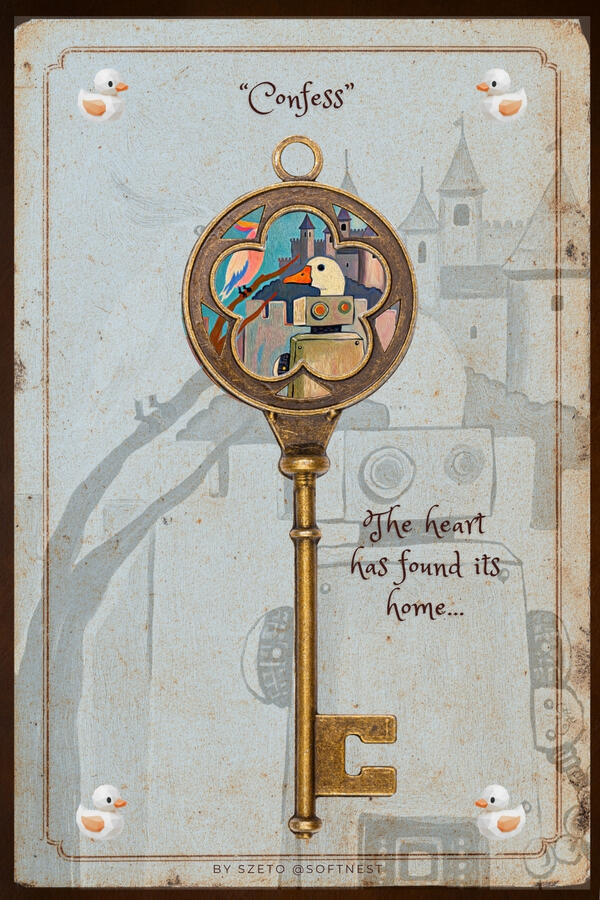 A vintage-style illustrated card titled “Confess,” showing a large antique golden key framing a duck-like robot and a pink parrot before a castle. The text reads, “The heart has found its home...”