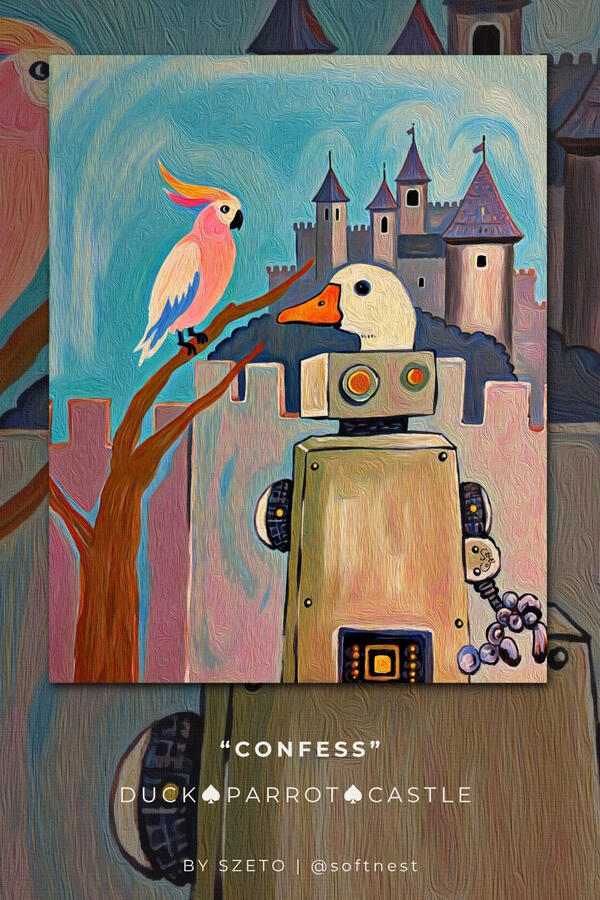 Painting of a robot and parrot with a castle in the background, titled 'Confess’. The sky is dusty sky blue. The castle is mauvy grey.