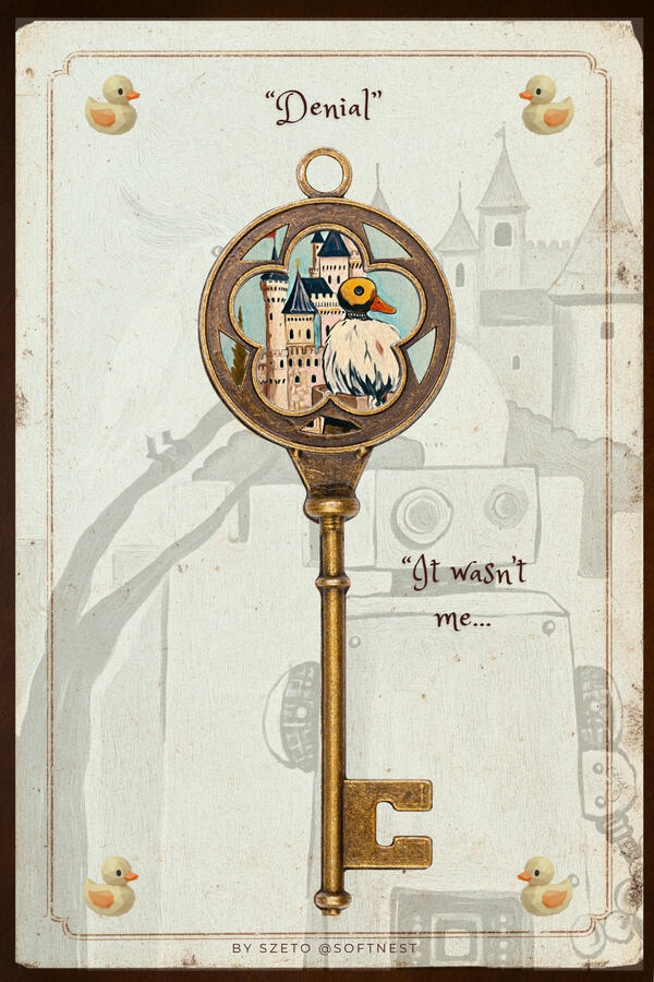 A vintage-style illustrated card titled “Denial,” showing a large antique golden key framing a duck-like robot and a pink parrot before a castle. The text reads, “It wasn’t me...”