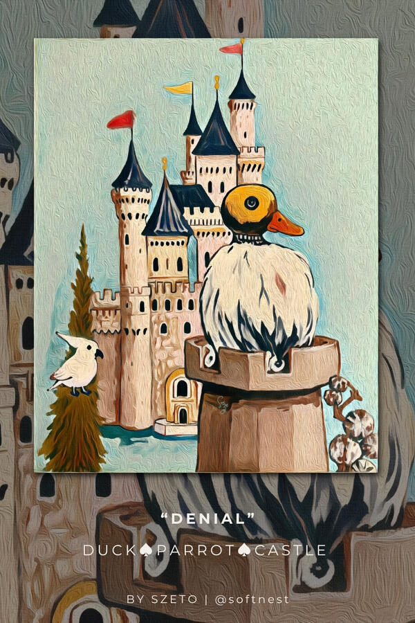 Painting of a robot and parrot with a castle in the background, titled ‘Denial’. The sky is dusty mint blue. The castle is sand colour.