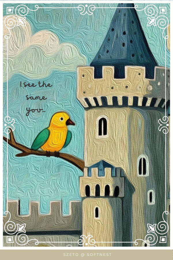 lowbrow style tactile painting of little cream colour parrot on a branch with a castle in the background. Text “ “I see the same you...”. Text at bottom ‘by szeto @softnest’.