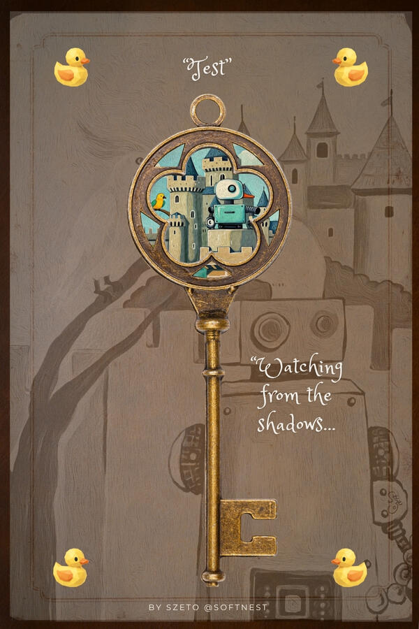 A vintage-style illustrated card titled “Test,” showing a large antique golden key framing a duck-like robot and a pink parrot before a castle. The text reads, “Watching from the shadows...”