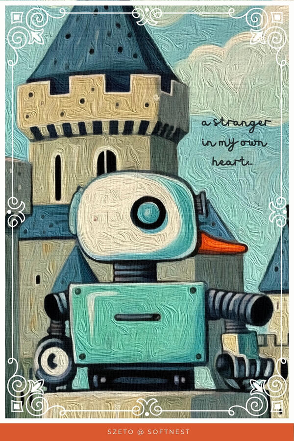 Lowbrow style tactile robot duck with a castle-like structure and text “a stranger in my own heart...”. dusty soft blue sky and castle background.