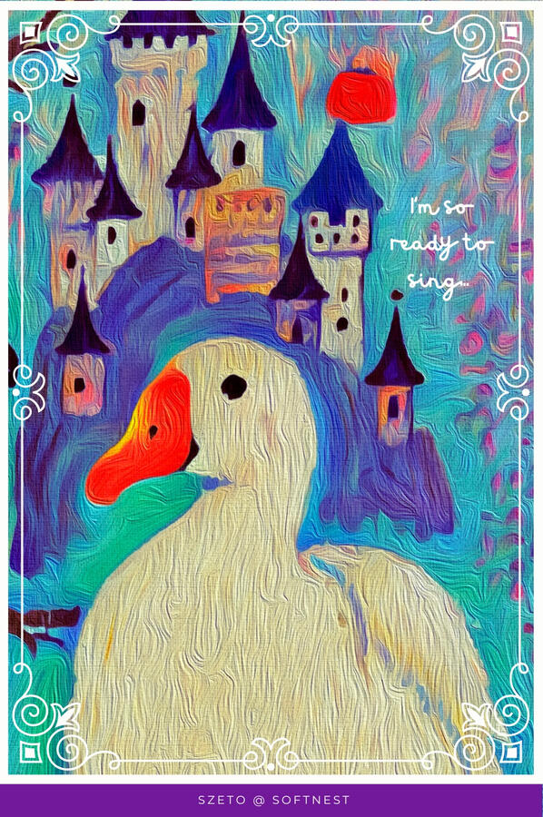 Lowbrow style tactile robot duck with a castle-like structure and text “I’m so ready to sing...”. magical purple blue sky and story castle background.