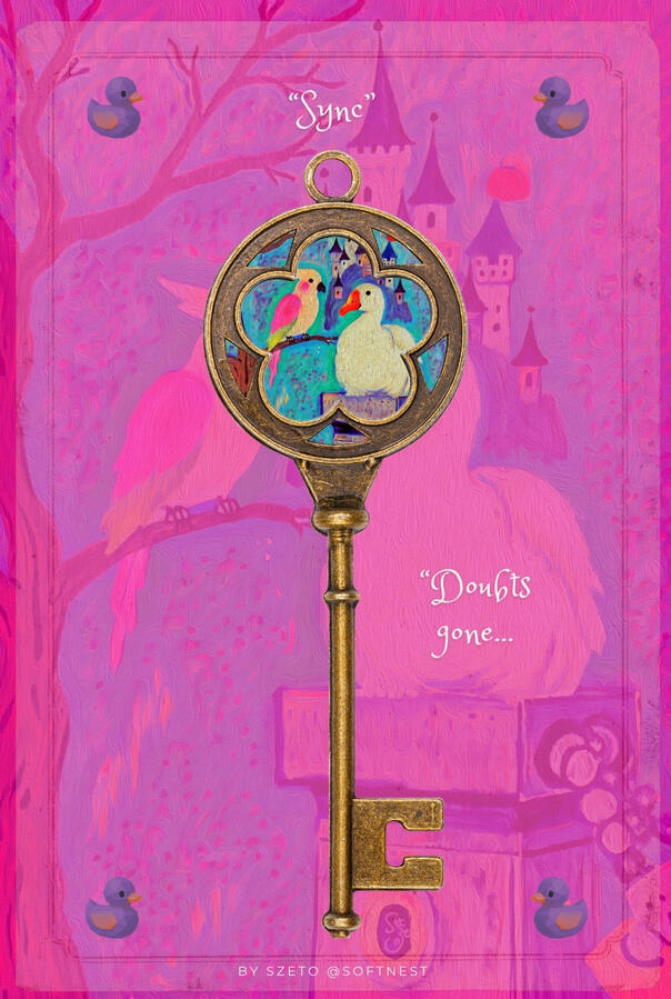 A vintage-style illustrated card titled “Sync,” showing a large antique golden key framing a duck-like robot and a pink parrot before a castle. The text reads, “doubts gone...”