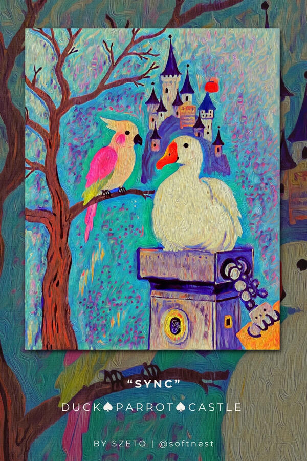Painting of a robot and parrot with a castle in the background, titled ’Sync’. The sky is magical purple blue. The castle is far in the distance in deep blue and stone colour.