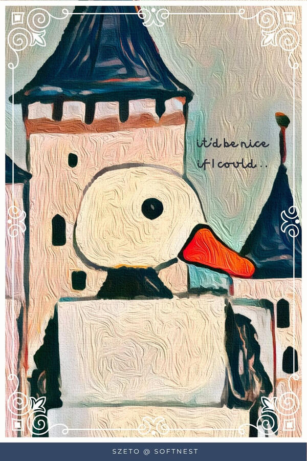 Lowbrow style tactile robot duck with a castle-like structure and text “It’d be nice if I could...”. cool grey blue sky and story castle background.