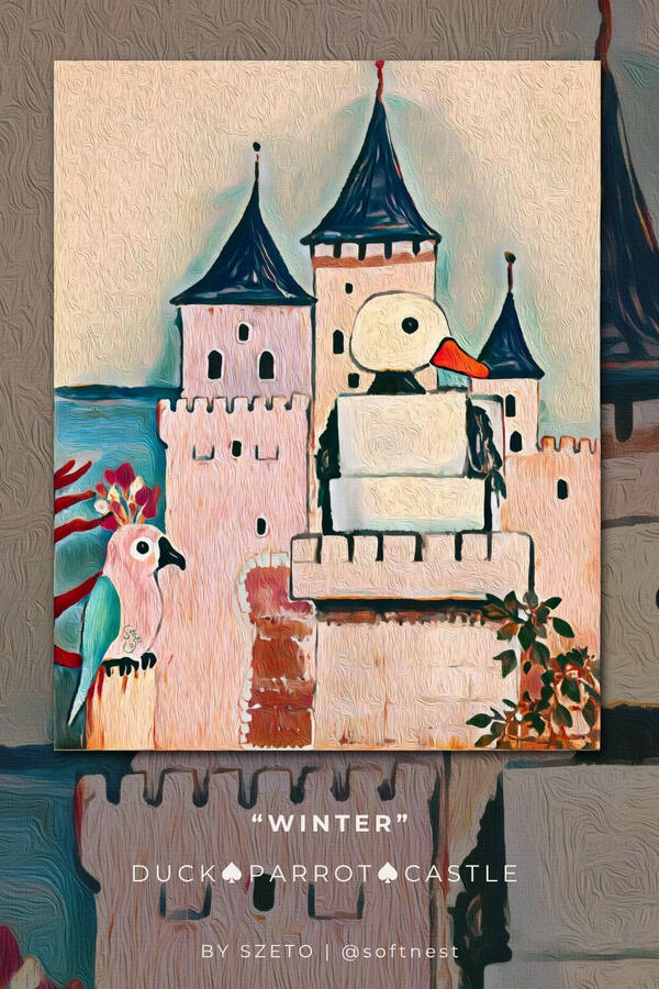 Painting of a robot and parrot with a castle in the background, titled ’Winter’. The sky is pale grey blue. The castle is in deep blue and pale mauvy pink colour.