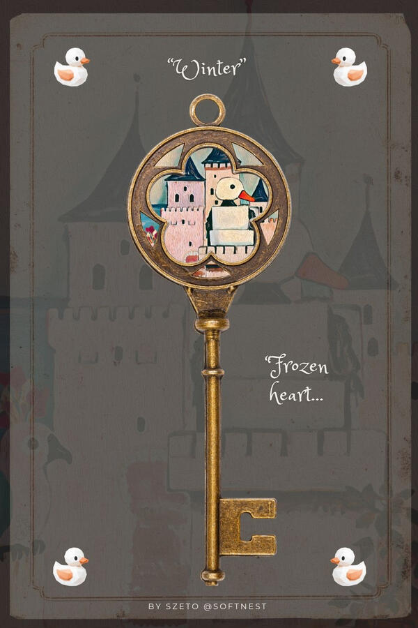 A vintage-style illustrated card titled “Winter,” showing a large antique golden key framing a duck-like robot and a blush parrot before a castle. The text reads, “frozen heart...”