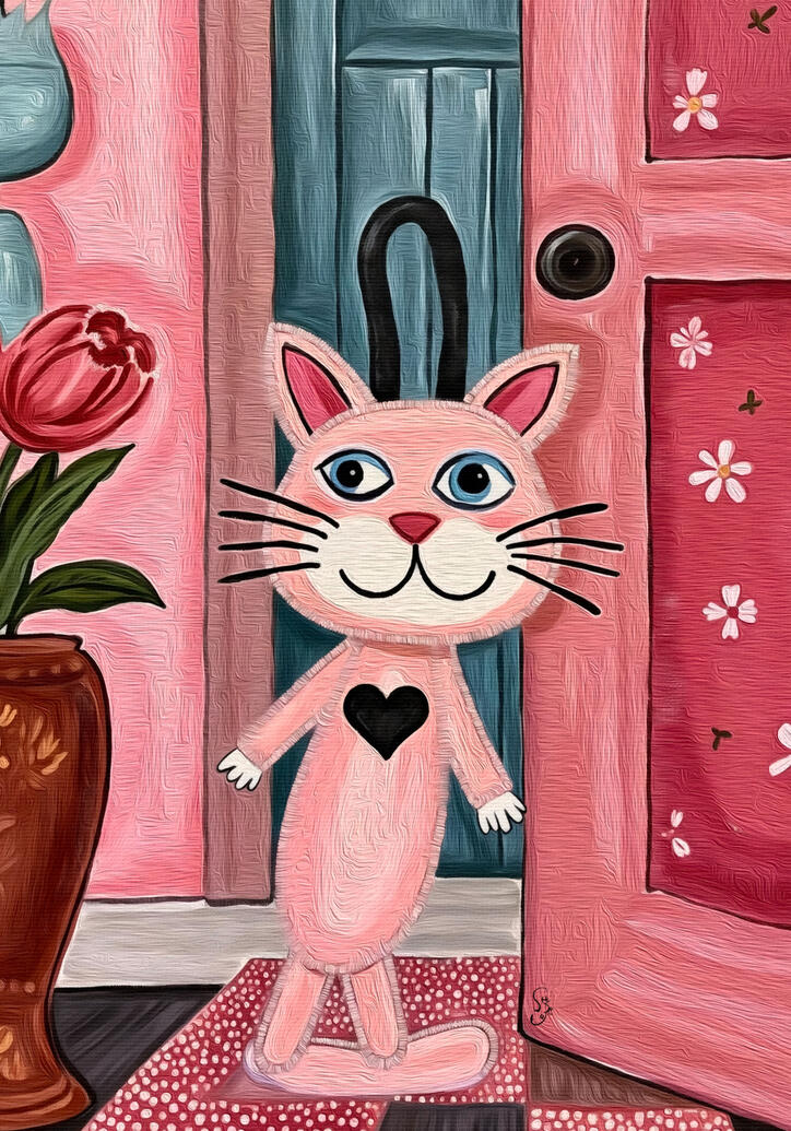 Painting of a pink cat with a black heart in a room with pink and dusty green walls, pink floral door and a vase with flowers. The cat has a mischievous and inviting expression on its face.