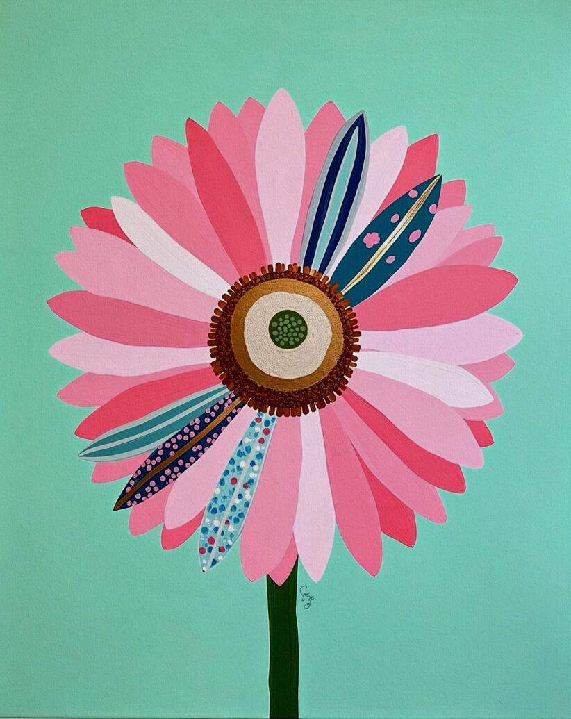 Colorful giant mixed pink daisy flower illustration with patchwork surf board motifs and metallic elements on a mint green background.