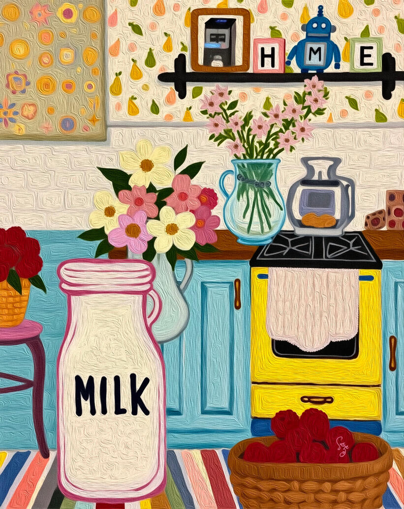 Colorful and tactile illustration of a warm country kitchen scene with a milk bottle, yellow stove, basket of raspberries and flowers. the wallpaper has pears in it.