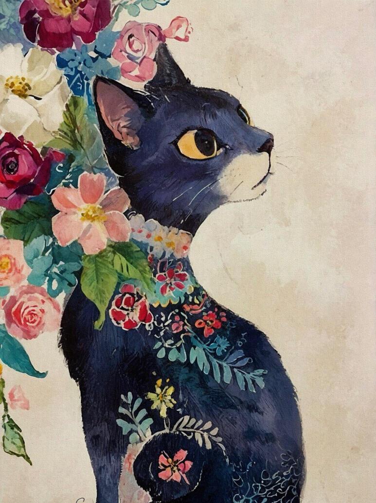 Artistic illustration of a black cat with floral and fern patterns like tattoos on its fur. The cat is leaning in some Vintage lush bouquet to its left. That cat looks elegant and immersed in its own mind space. Hover text ‘the demure gaze.’.