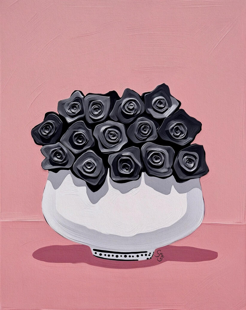 Art print of abstract black roses in a white vase on a pink background. The roses are matt metallic and tactile. The vase is white and lowline.