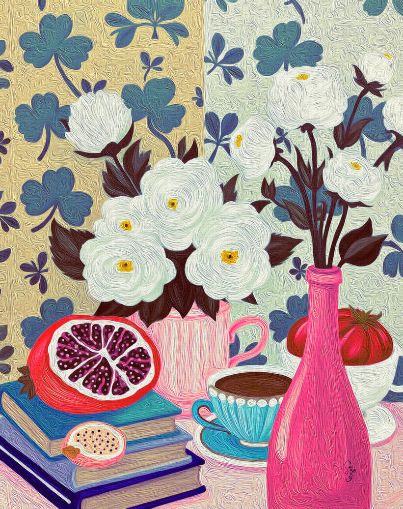 soft pastel tablescape painting of a Decorative afternoon tea scene with flowers, pomegranate, coffee cup, books, and a pink vase on a covered patterned background in two shades.