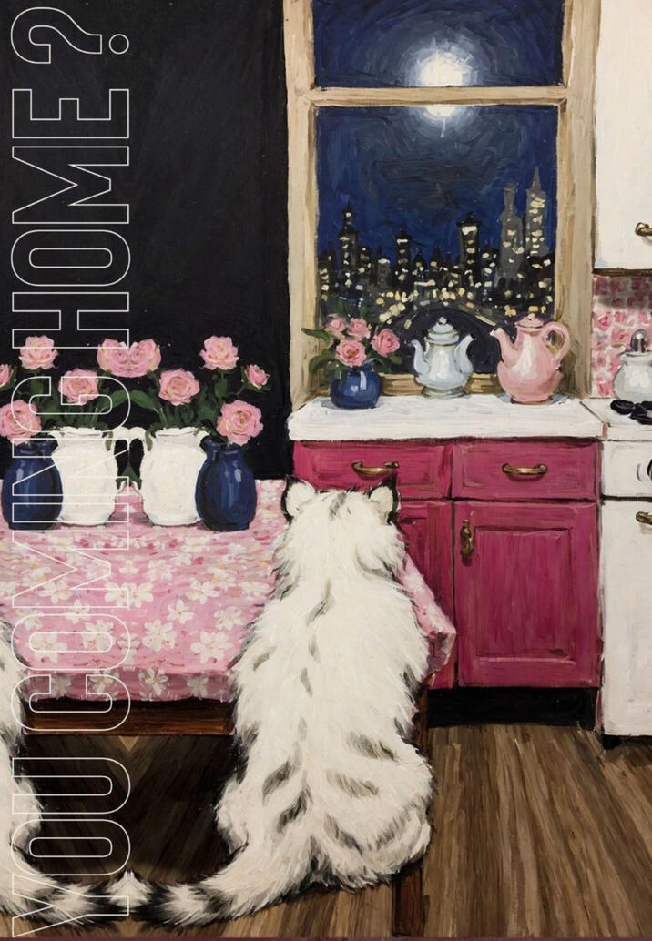 A soft moonlit kitchen scene with a fluffy white cat waiting by the window, surrounded by pink roses, teapots, and the glow of a city night. This piece carries a tender feeling of longing, home, and the quiet hope of someone returning.