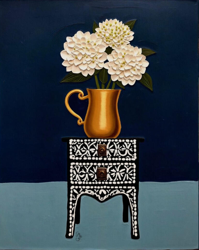 A calm floral still life featuring creamy white blooms in a golden jug, resting on an ornate table against a deep blue background. Elegant and still, this artwork brings a sense of quiet richness, balance, and gentle light.